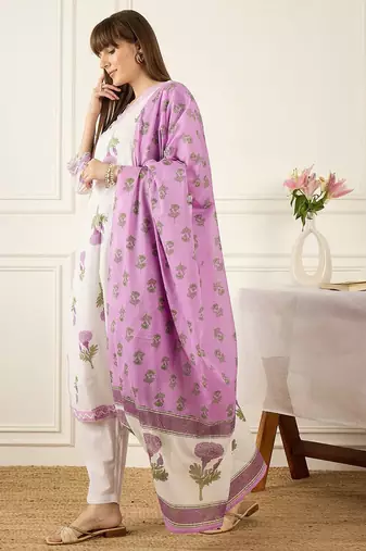 Women Floral Printed Regular Pure Cotton Kurta with Trousers & With Dupatta