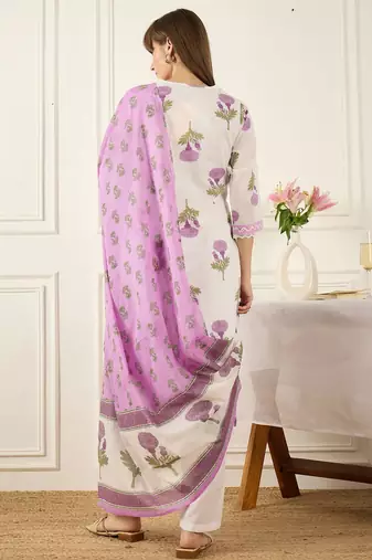 Women Floral Printed Regular Pure Cotton Kurta with Trousers & With Dupatta