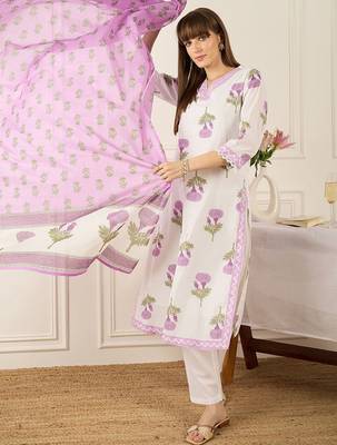 Women Floral Printed Regular Pure Cotton Kurta with Trousers & With Dupatta 5