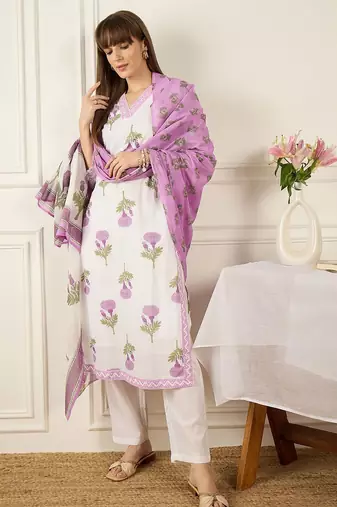Women Floral Printed Regular Pure Cotton Kurta with Trousers & With Dupatta