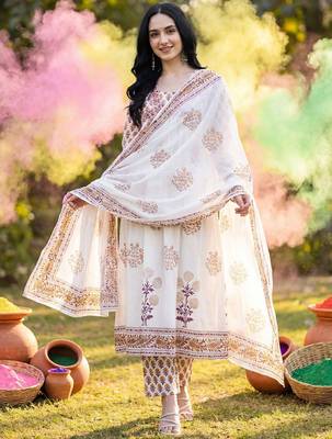 Floral Printed Empire Pure Cotton Kurta with Trousers & With Dupatta 1