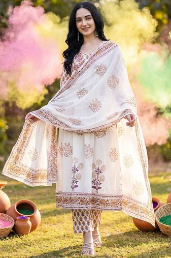 Floral Printed Empire  Cotton Kurta with Trousers & With Dupatta