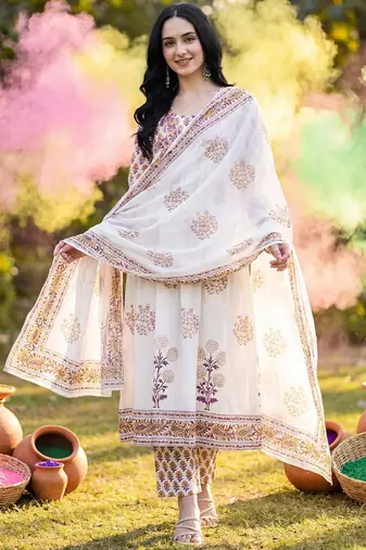 Floral Printed Empire Pure Cotton Kurta with Trousers & With Dupatta