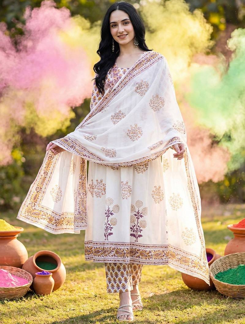 Floral Printed Empire Pure Cotton Kurta with Trousers & With Dupatta