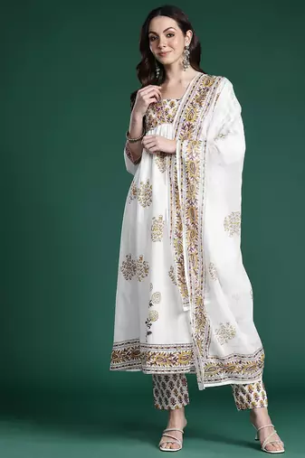 Floral Printed Empire Pure Cotton Kurta with Trousers & With Dupatta