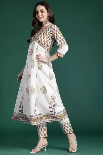 Floral Printed Empire Pure Cotton Kurta with Trousers & With Dupatta