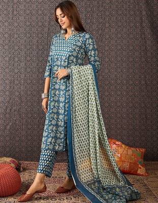 Women Ethnic Motifs Printed Regular Pure Cotton Kurta with Trousers & With Dupatta 2
