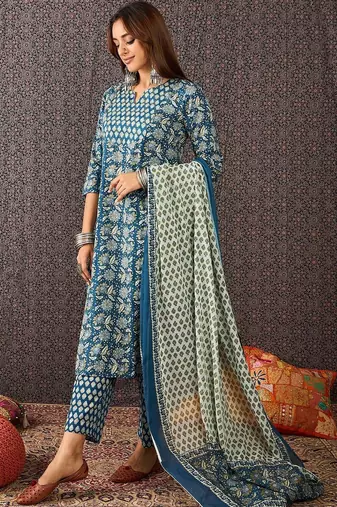 Women Ethnic Motifs Printed Regular Pure Cotton Kurta with Trousers & With Dupatta