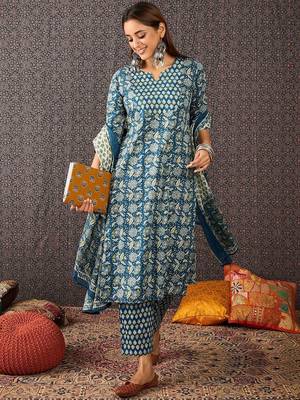 Women Ethnic Motifs Printed Regular Pure Cotton Kurta with Trousers & With Dupatta 4