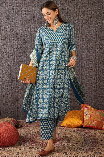 Women Ethnic Motifs Printed Regular Pure Cotton Kurta with Trousers & With Dupatta