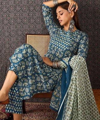 Women Ethnic Motifs Printed Regular Pure Cotton Kurta with Trousers & With Dupatta 5