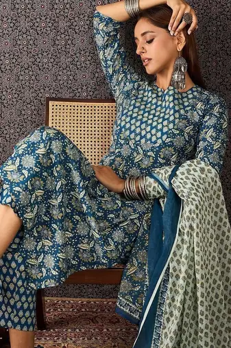 Women Ethnic Motifs Printed Regular Pure Cotton Kurta with Trousers & With Dupatta