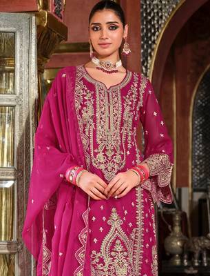 Ethnic Motifs Embroidered Zari Organza Straight Kurta & Trousers With Dupatta 1