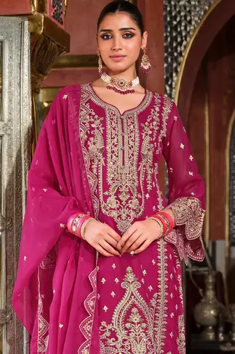 Ethnic Motifs Embroidered Zari Organza Straight Kurta & Trousers With Dupatta