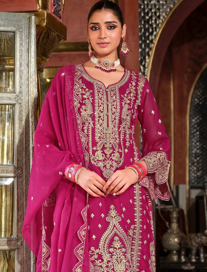 Ethnic Motifs Embroidered Zari Organza Straight Kurta & Trousers With Dupatta