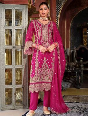Ethnic Motifs Embroidered Zari Organza Straight Kurta & Trousers With Dupatta 2