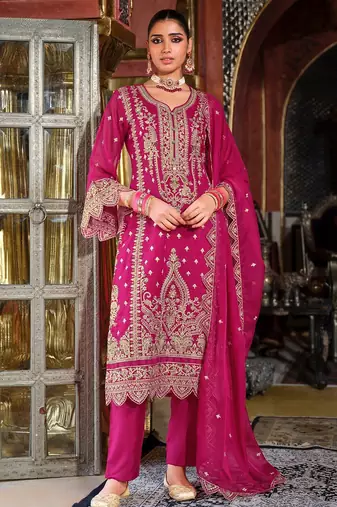 Ethnic Motifs Embroidered Zari Organza Straight Kurta & Trousers With Dupatta