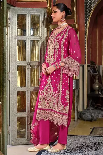Ethnic Motifs Embroidered Zari Organza Straight Kurta & Trousers With Dupatta