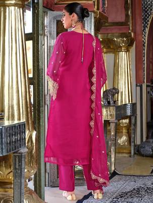 Ethnic Motifs Embroidered Zari Organza Straight Kurta & Trousers With Dupatta 5