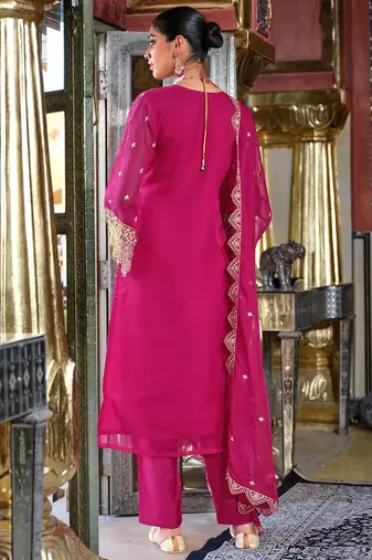 Ethnic Motifs Embroidered Zari Organza Straight Kurta & Trousers With Dupatta