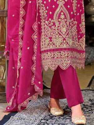 Ethnic Motifs Embroidered Zari Organza Straight Kurta & Trousers With Dupatta 6