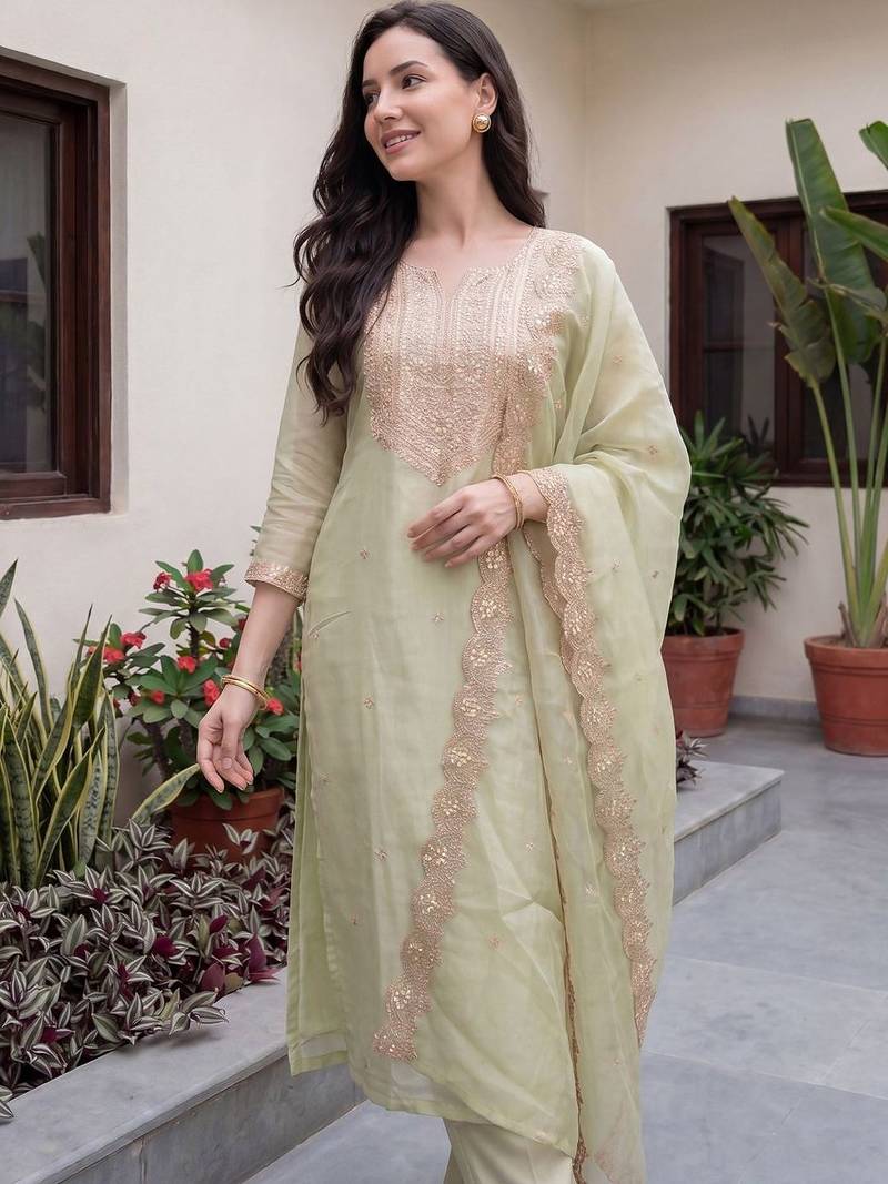 Women Ethnic Motifs Embroidered Regular Sequinned Kurta with Trousers & With Dupatta