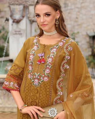 Adults-Women Woven Design Embroidered Kurta with Trousers & Dupatta 3
