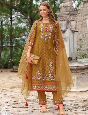 Adults-Women Woven Design Embroidered Kurta with Trousers & Dupatta 4
