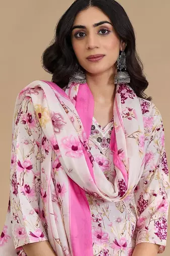 Women Floral Printed Regular Thread Work Pure Cotton Kurta with Trousers & With Dupatta