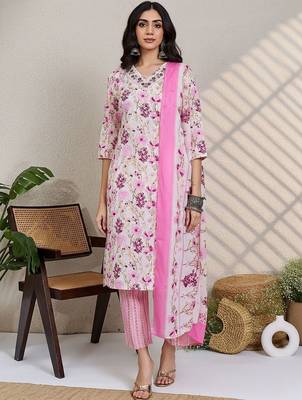 Women Floral Printed Regular Thread Work Pure Cotton Kurta with Trousers & With Dupatta 2