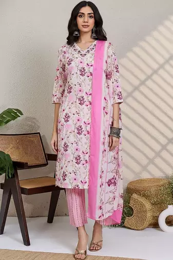 Women Floral Printed Regular Thread Work Pure Cotton Kurta with Trousers & With Dupatta