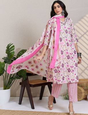 Women Floral Printed Regular Thread Work Pure Cotton Kurta with Trousers & With Dupatta 3