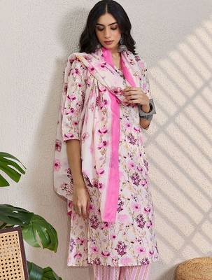 Women Floral Printed Regular Thread Work Pure Cotton Kurta with Trousers & With Dupatta 4