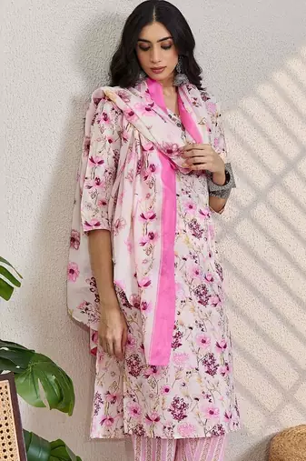 Women Floral Printed Regular Thread Work Pure Cotton Kurta with Trousers & With Dupatta