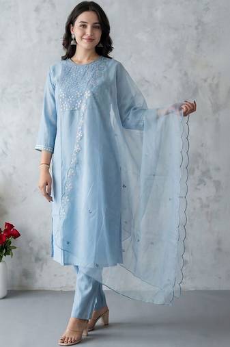 Women Ethnic Motifs Embroidered Regular Sequinned Kurta with Trousers & With Dupatta