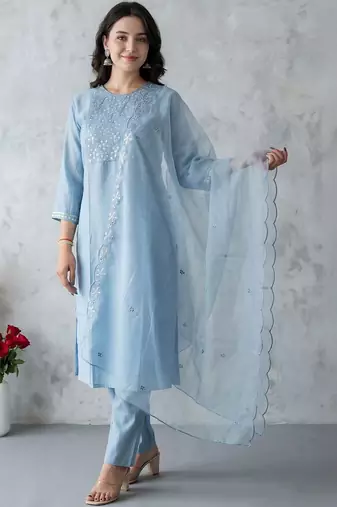 Women Ethnic Motifs Embroidered Regular Sequinned Kurta with Trousers & With Dupatta
