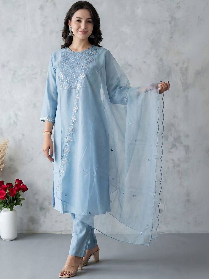 Women Ethnic Motifs Embroidered Regular Sequinned Kurta with Trousers & With Dupatta