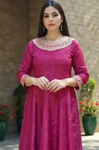 Embroidered Round Neck Thread Work Anarkali Kurta With Trousers