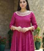 Embroidered Round Neck Thread Work Anarkali Kurta With Trousers