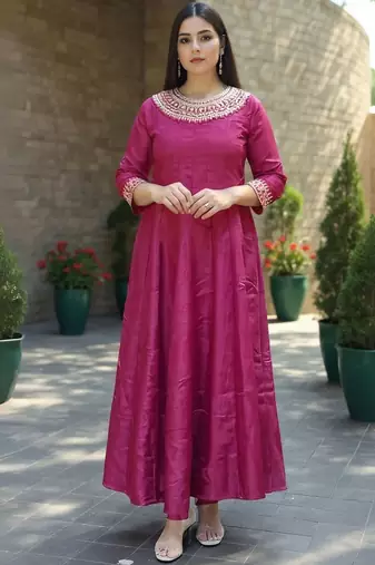 Embroidered Round Neck Thread Work Anarkali Kurta With Trousers