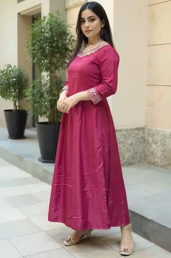 Embroidered Round Neck Thread Work Anarkali Kurta With Trousers
