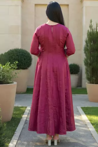 Embroidered Round Neck Thread Work Anarkali Kurta With Trousers