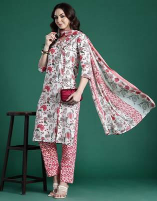 Floral Printed Pure Cotton Kurta with Trousers & Dupatta 1
