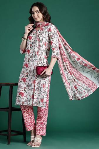 Floral Printed  Cotton Kurta with Trousers & Dupatta