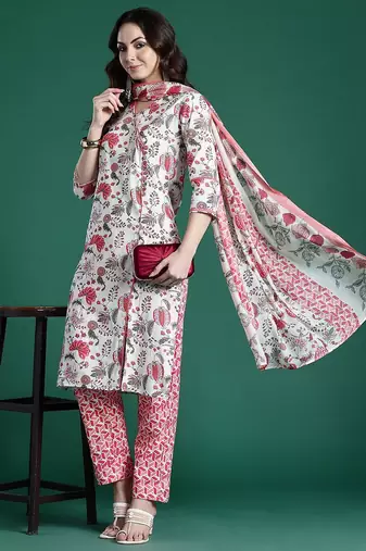 Floral Printed Pure Cotton Kurta with Trousers & Dupatta