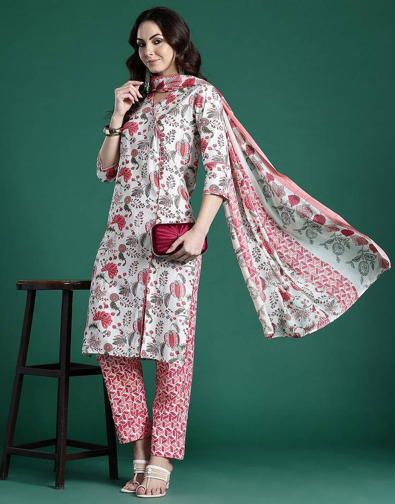Floral Printed Pure Cotton Kurta with Trousers & Dupatta