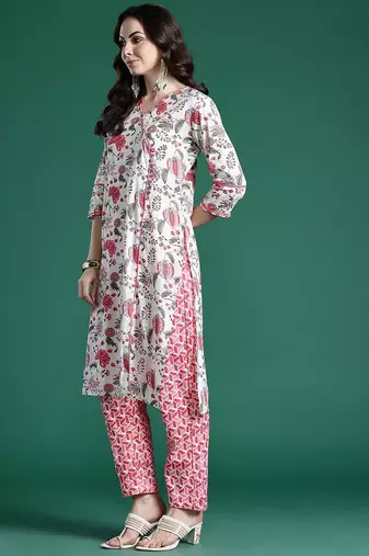 Floral Printed Pure Cotton Kurta with Trousers & Dupatta