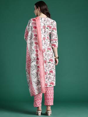 Floral Printed Pure Cotton Kurta with Trousers & Dupatta 6