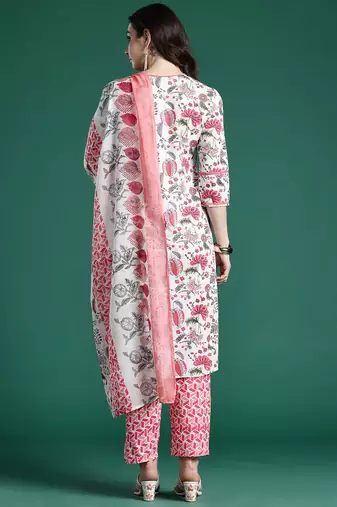 Floral Printed Pure Cotton Kurta with Trousers & Dupatta