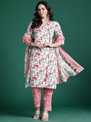 Floral Printed Pure Cotton Kurta with Trousers & Dupatta 7